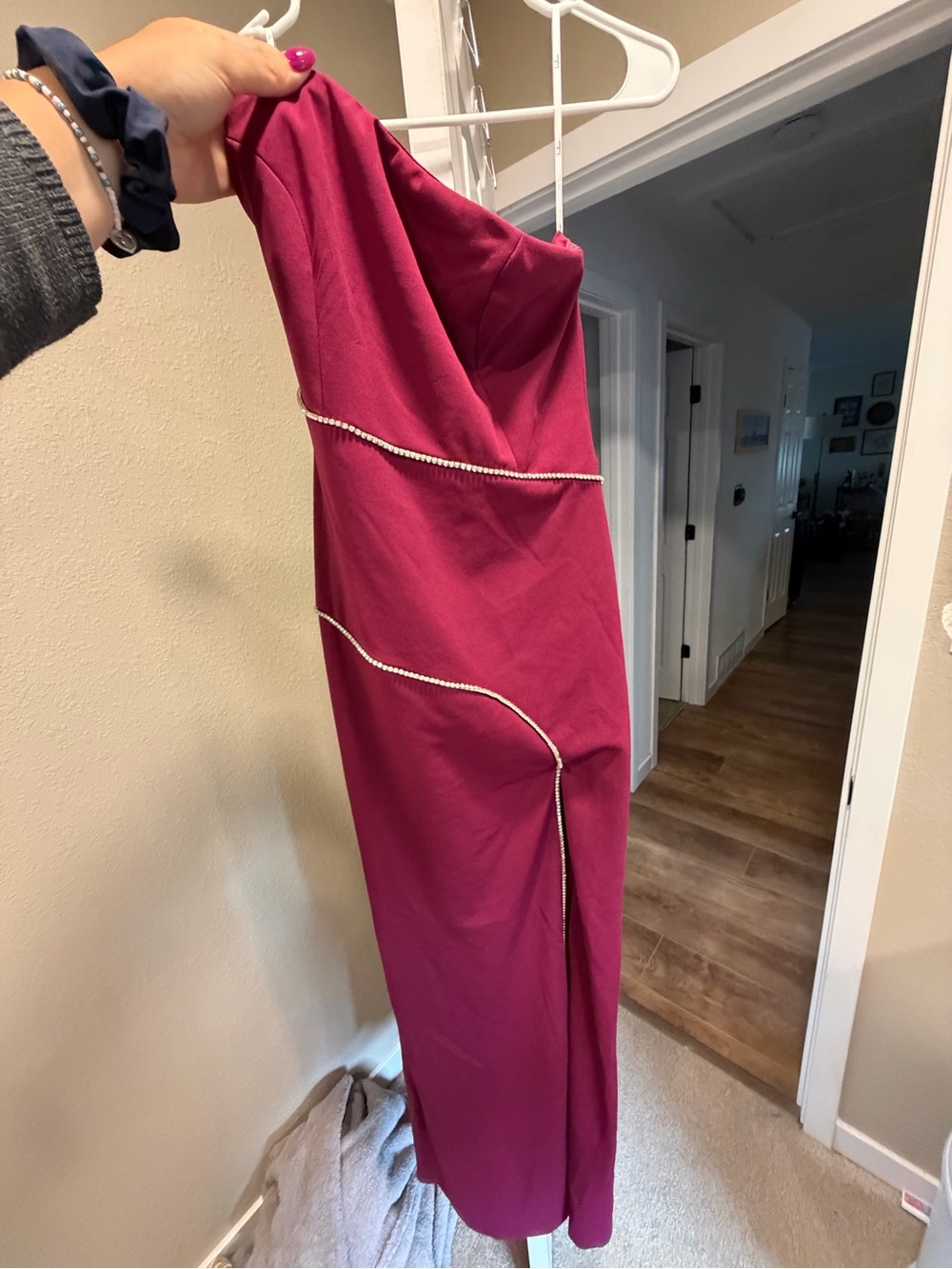 Lulu's Asymmetrical Straoless Magenta Evening Gown with Rhinestone Trim